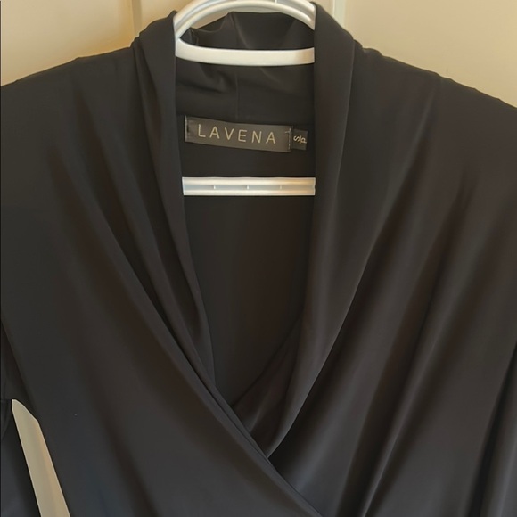 Lavena Black Faux Wrap Top with Rosettes & Long Sleeves, size S - Picture 2 of 5